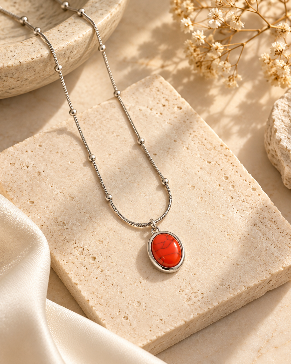 Collier Pierre Ovale Unisexe — Corail — Estevan & Co.